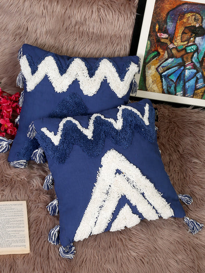 Set Of 2 Geometric Embroidered Pure Cotton Square Cushion Covers(16 X 16 Inches)