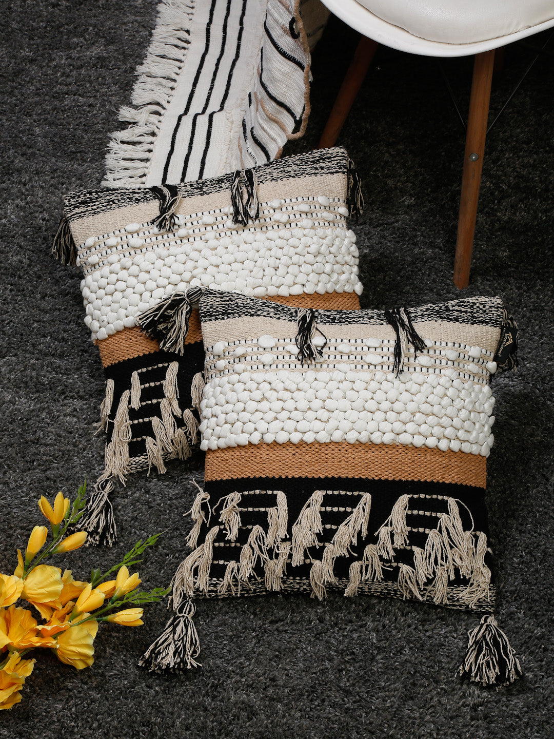 Beige & White Set of 2 Self Design Square Cushion Covers(16 X 16 Inches)