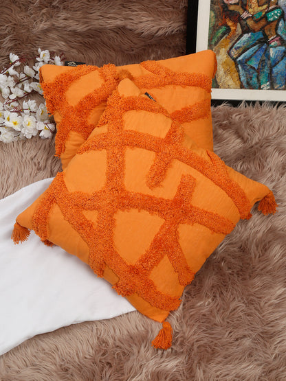 Set Of 2 Geometric Embroidered Pure Cotton Square Cushion Covers(16 X 16 Inches)