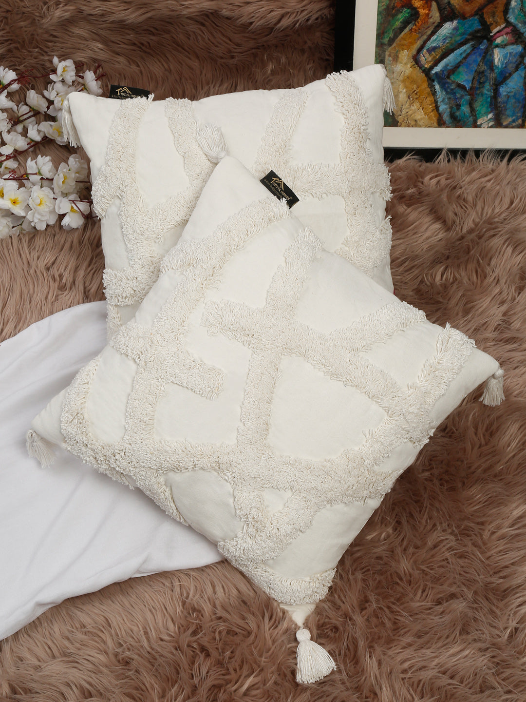 Set Of 2 Geometric Embroidered Pure Cotton Square Cushion Covers(16 X 16 Inches)