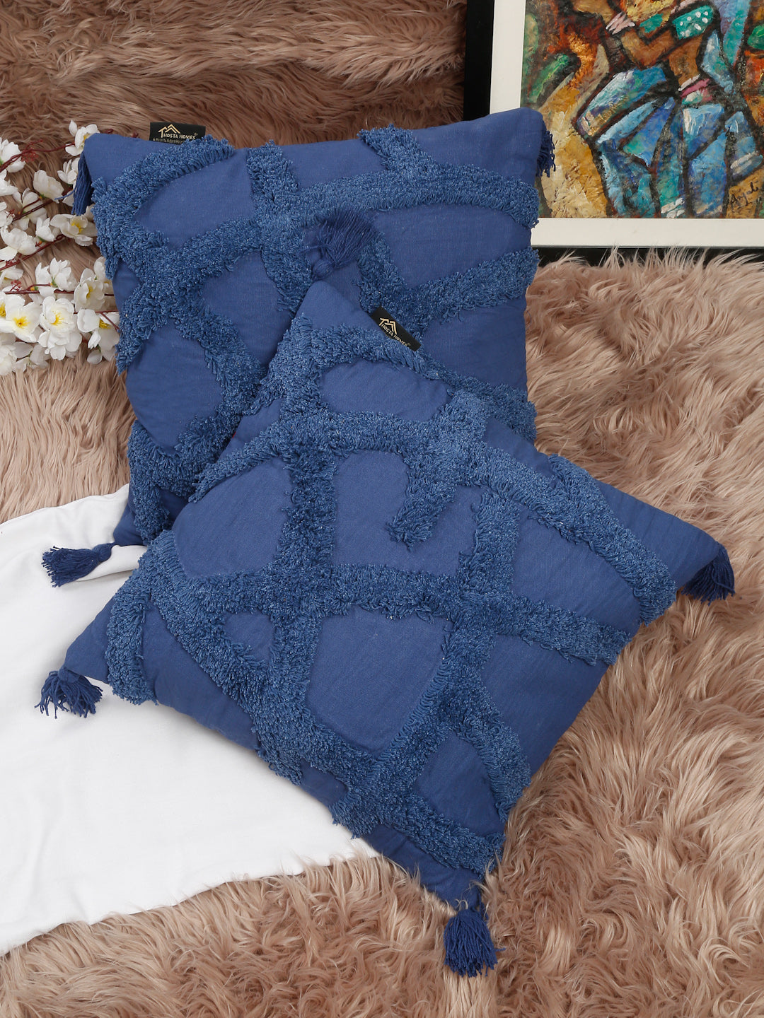 Set Of 2 Geometric Embroidered Pure Cotton Square Cushion Covers(16 X 16 Inches)