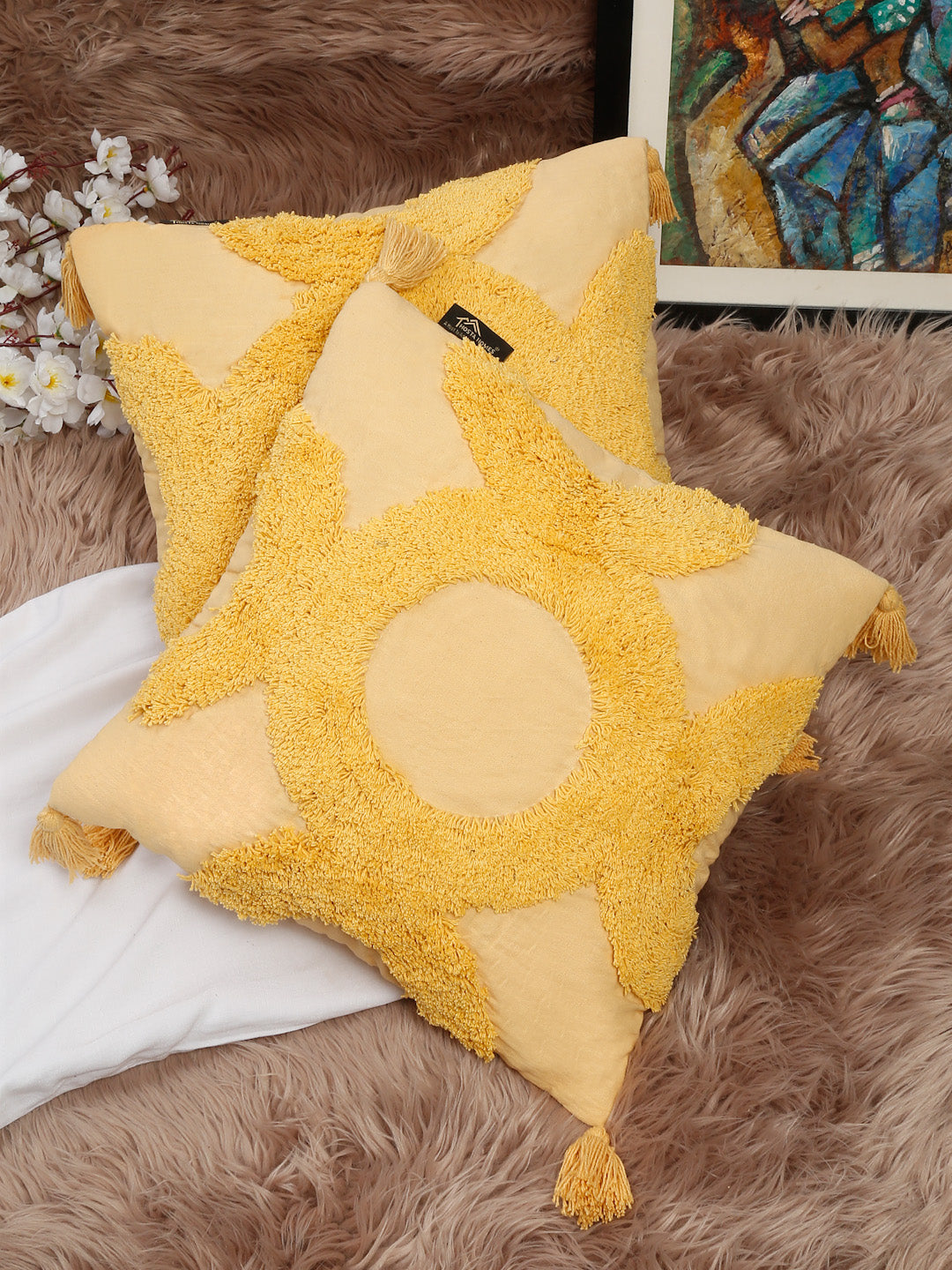 Set Of 2 Geometric Embroidered Pure Cotton Square Cushion Covers(16 X 16 Inches)