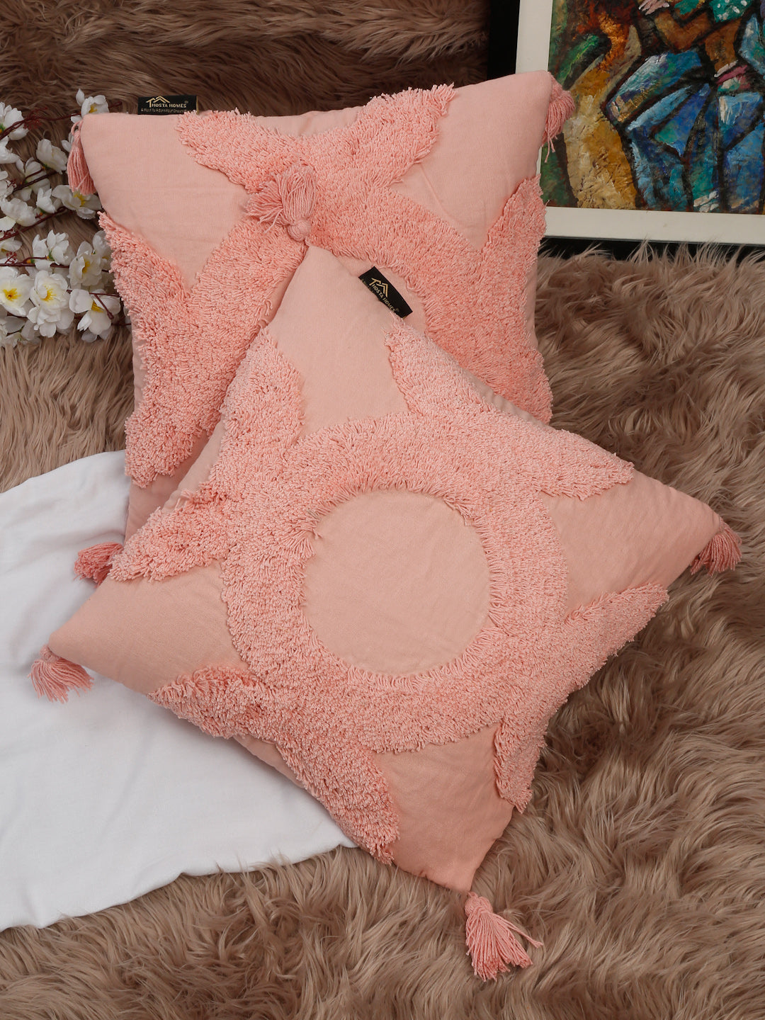Set Of 2 Geometric Embroidered Pure Cotton Square Cushion Covers(16 X 16 Inches)