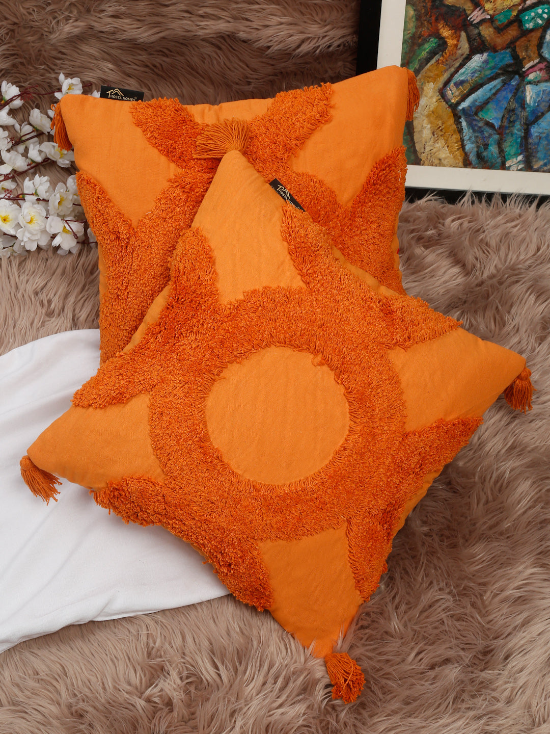 Set Of 2 Geometric Embroidered Pure Cotton Square Cushion Covers(16 X 16 Inches)