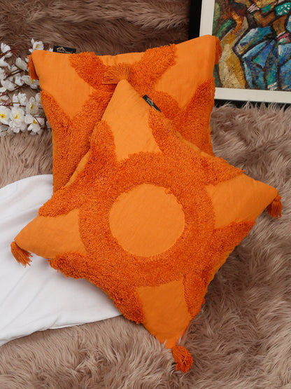 Set Of 2 Geometric Embroidered Pure Cotton Square Cushion Covers(16 X 16 Inches)