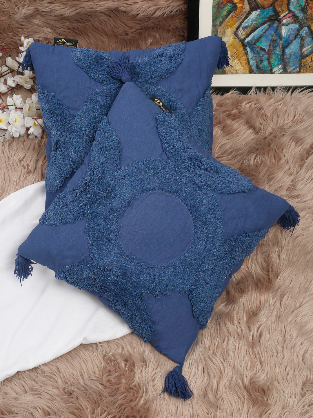Set Of 2 Geometric Embroidered Pure Cotton Square Cushion Covers(16 X 16 Inches)