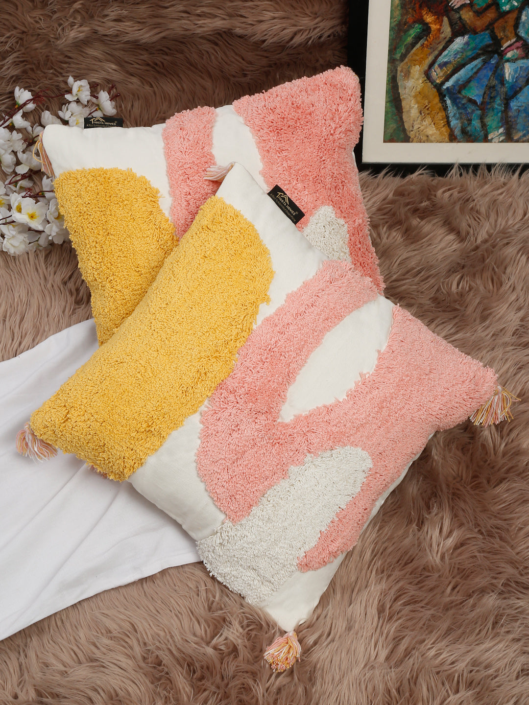 Set Of 2 Geometric Embroidered Pure Cotton Square Cushion Covers(16 X 16 Inches)