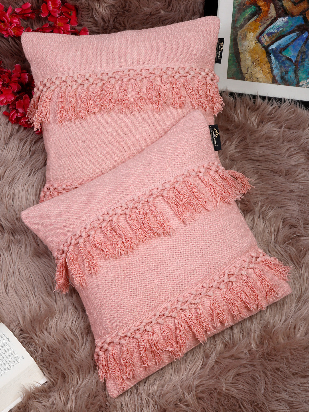 Set Of 2 Geometric Embroidered Pure Cotton Square Cushion Covers(16 X 16 Inches)