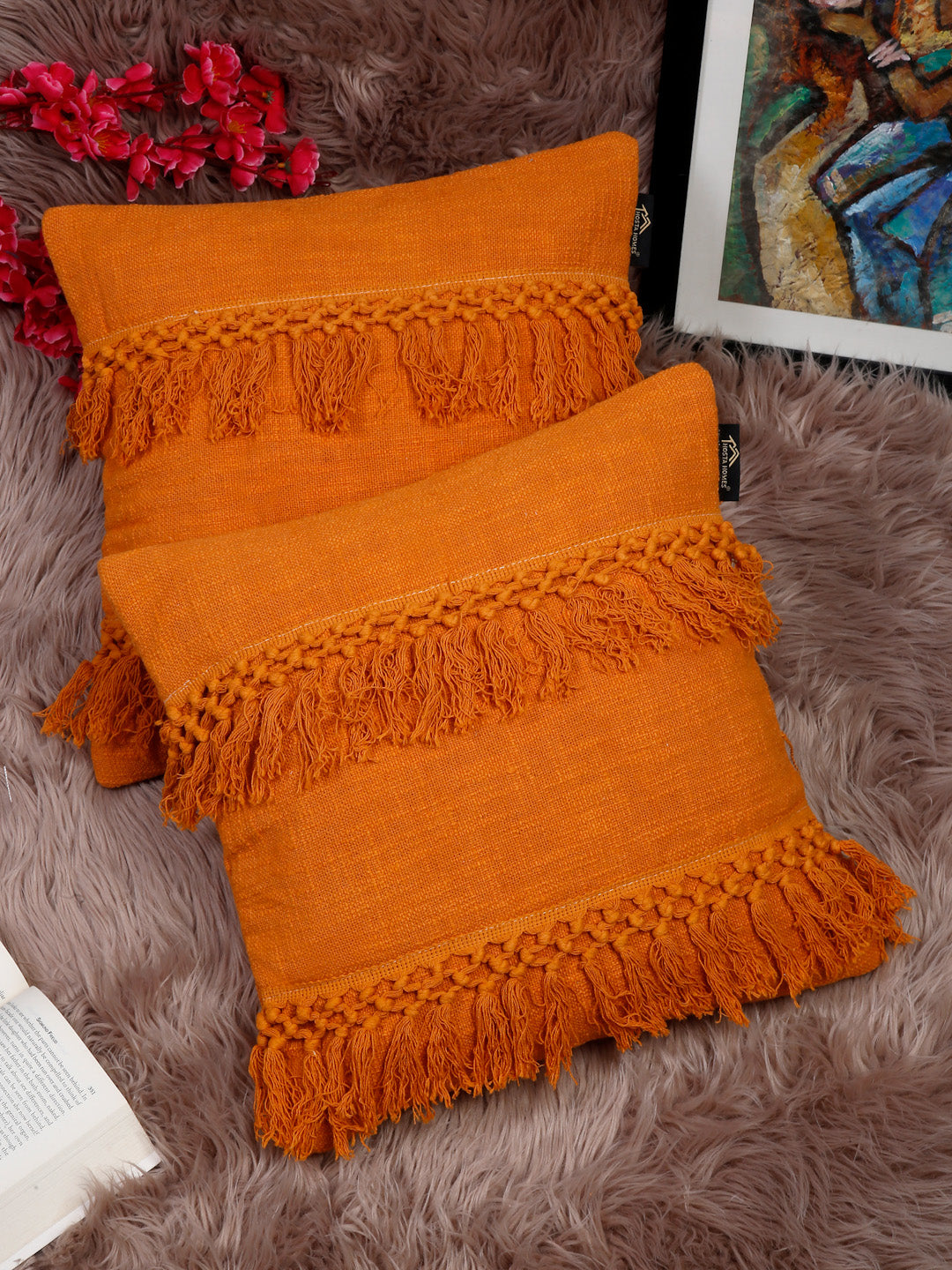 Set Of 2 Geometric Embroidered Pure Cotton Square Cushion Covers(16 X 16 Inches)