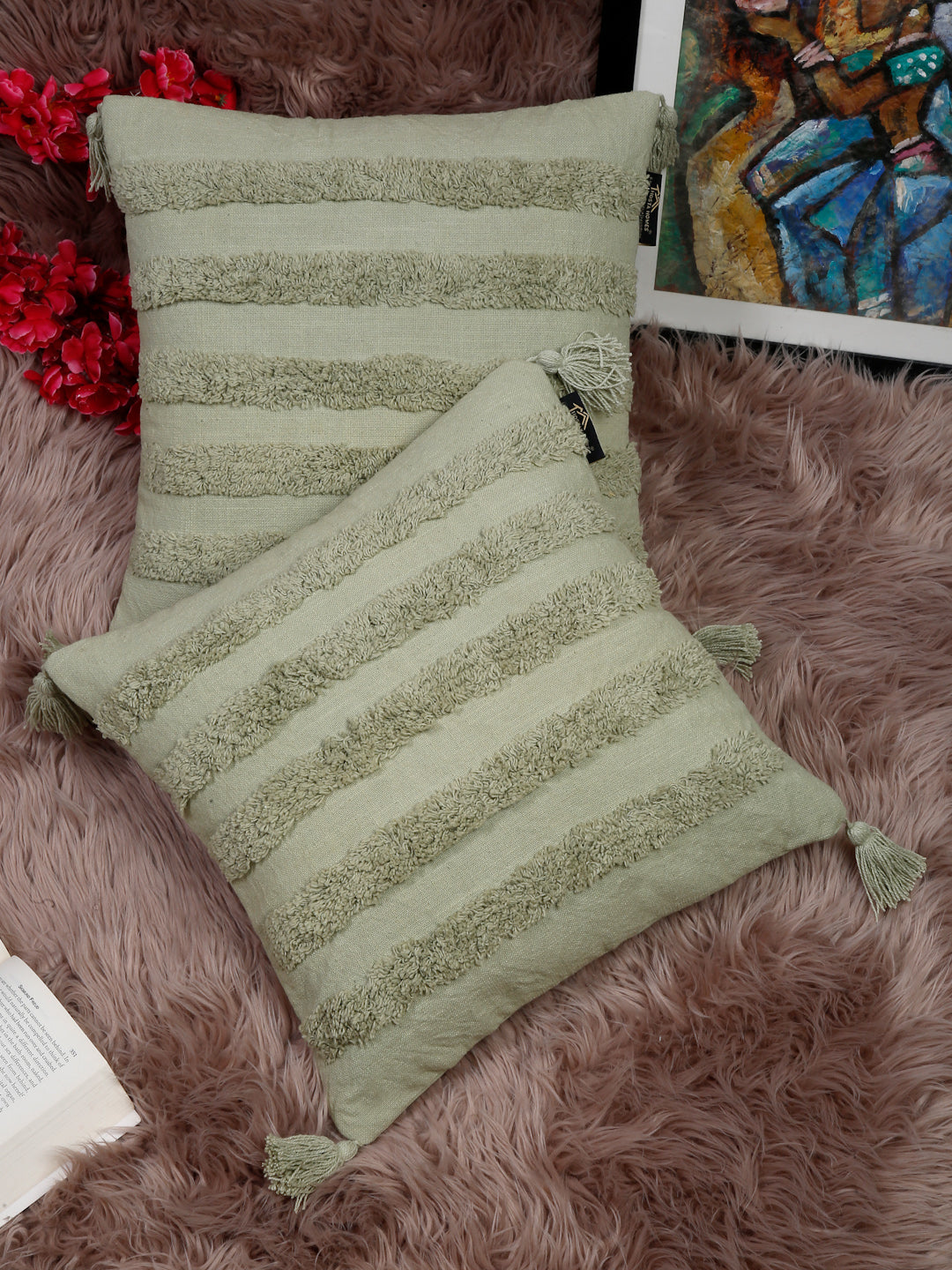 Set Of 2 Geometric Embroidered Pure Cotton Square Cushion Covers(16 X 16 Inches)