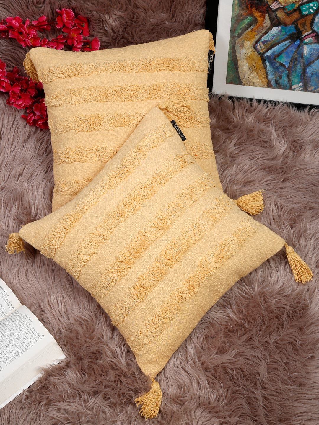Set Of 2 Geometric Embroidered Pure Cotton Square Cushion Covers(16 X 16 Inches)