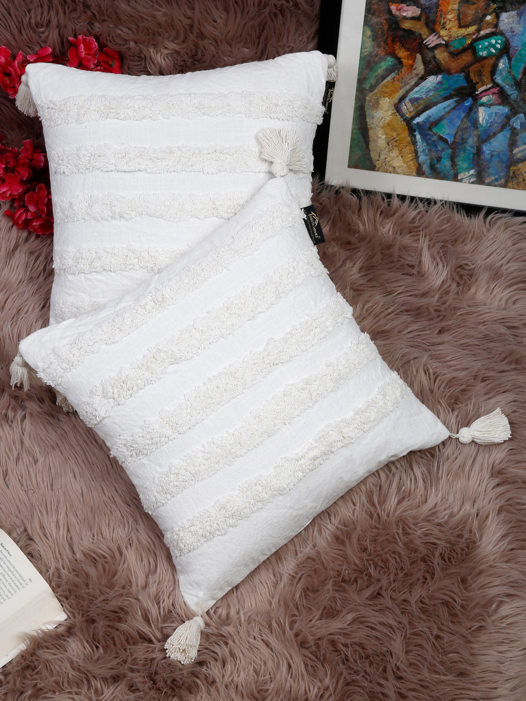Set Of 2 Geometric Embroidered Pure Cotton Square Cushion Covers(16 X 16 Inches)
