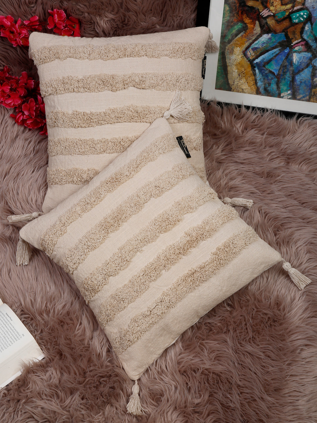 Set Of 2 Geometric Embroidered Pure Cotton Square Cushion Covers(16 X 16 Inches)