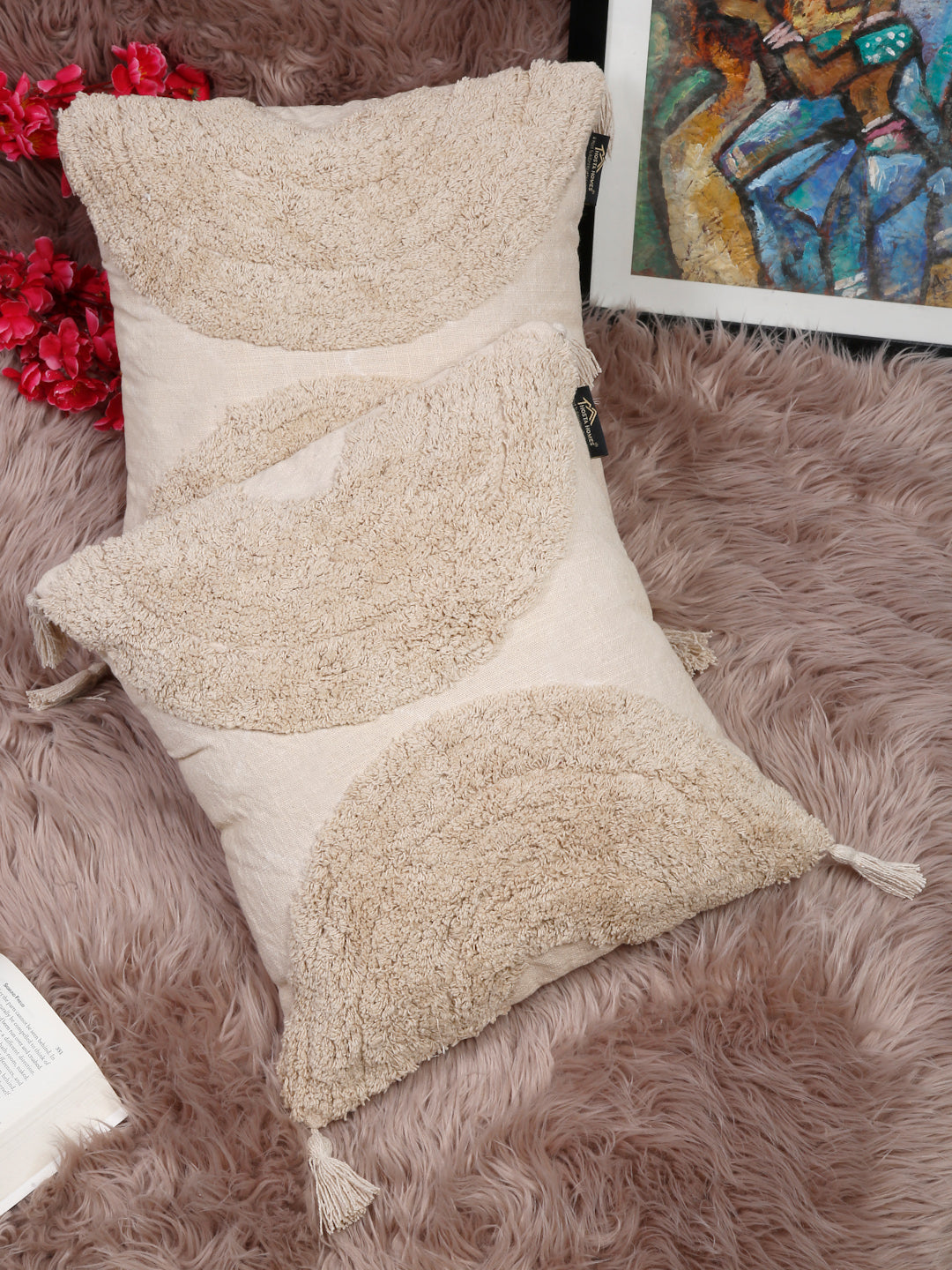 Set Of 2 Geometric Embroidered Pure Cotton Square Cushion Covers(16 X 16 Inches)