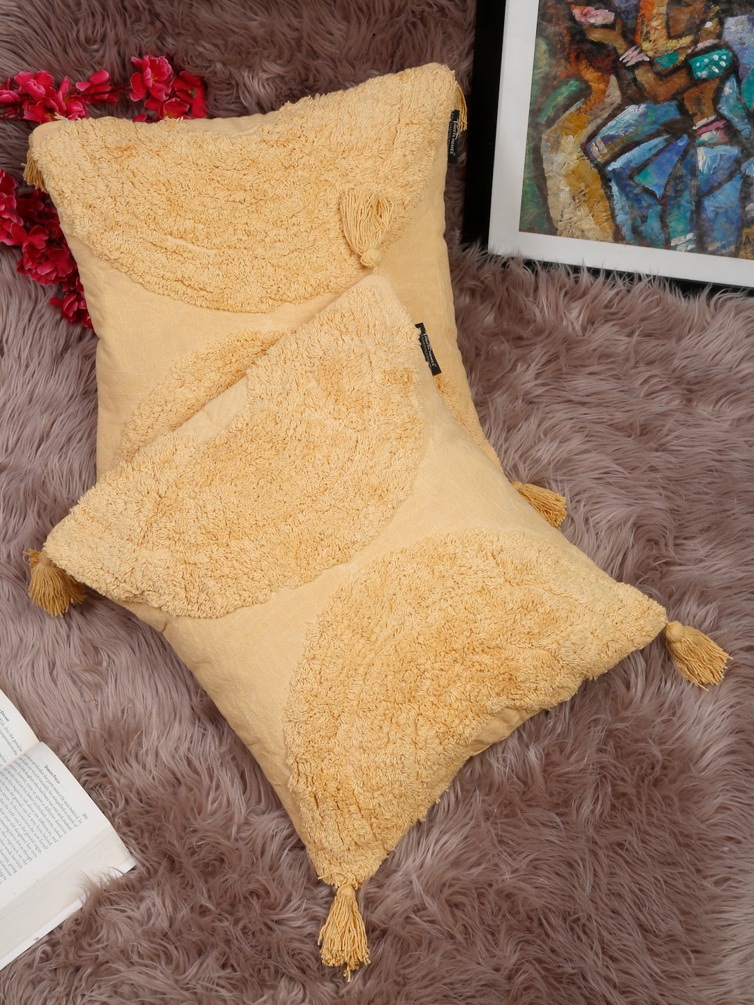 Set Of 2 Geometric Embroidered Pure Cotton Square Cushion Covers(16 X 16 Inches)