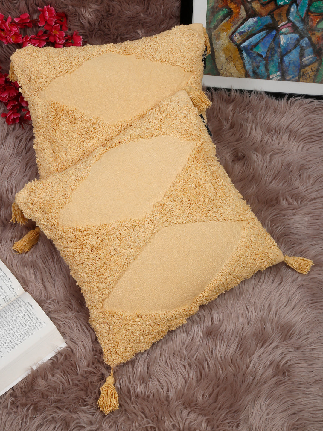 Set Of 2 Geometric Embroidered Pure Cotton Square Cushion Covers(16 X 16 Inches)