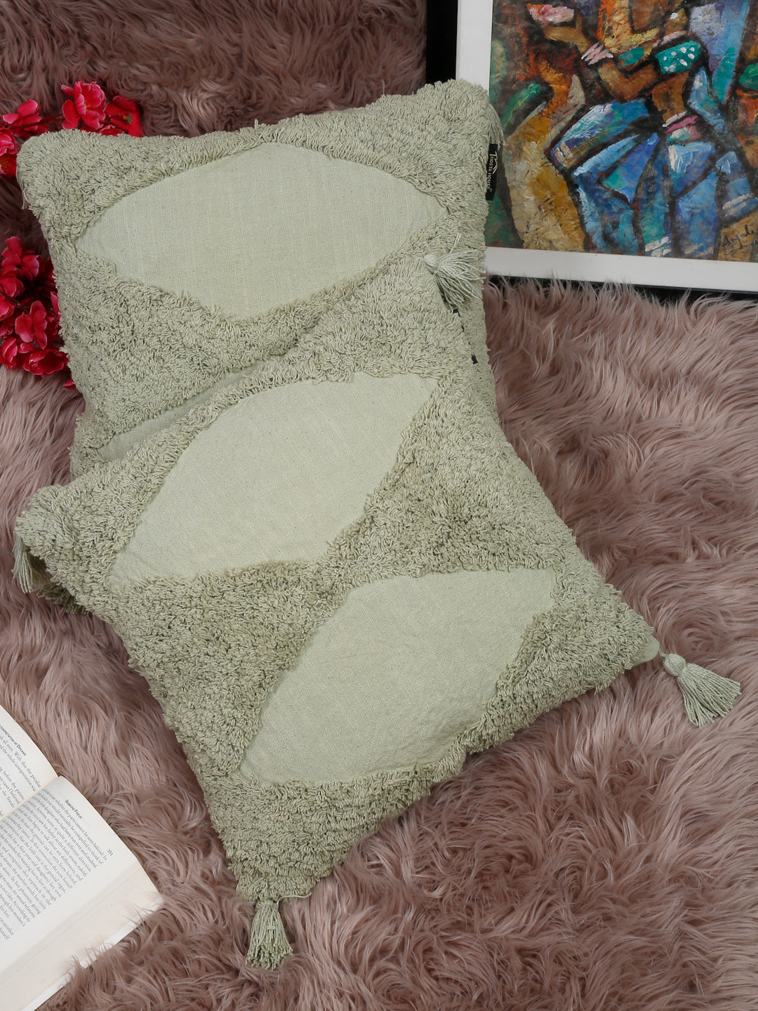 Set Of 2 Geometric Embroidered Pure Cotton Square Cushion Covers(16 X 16 Inches)