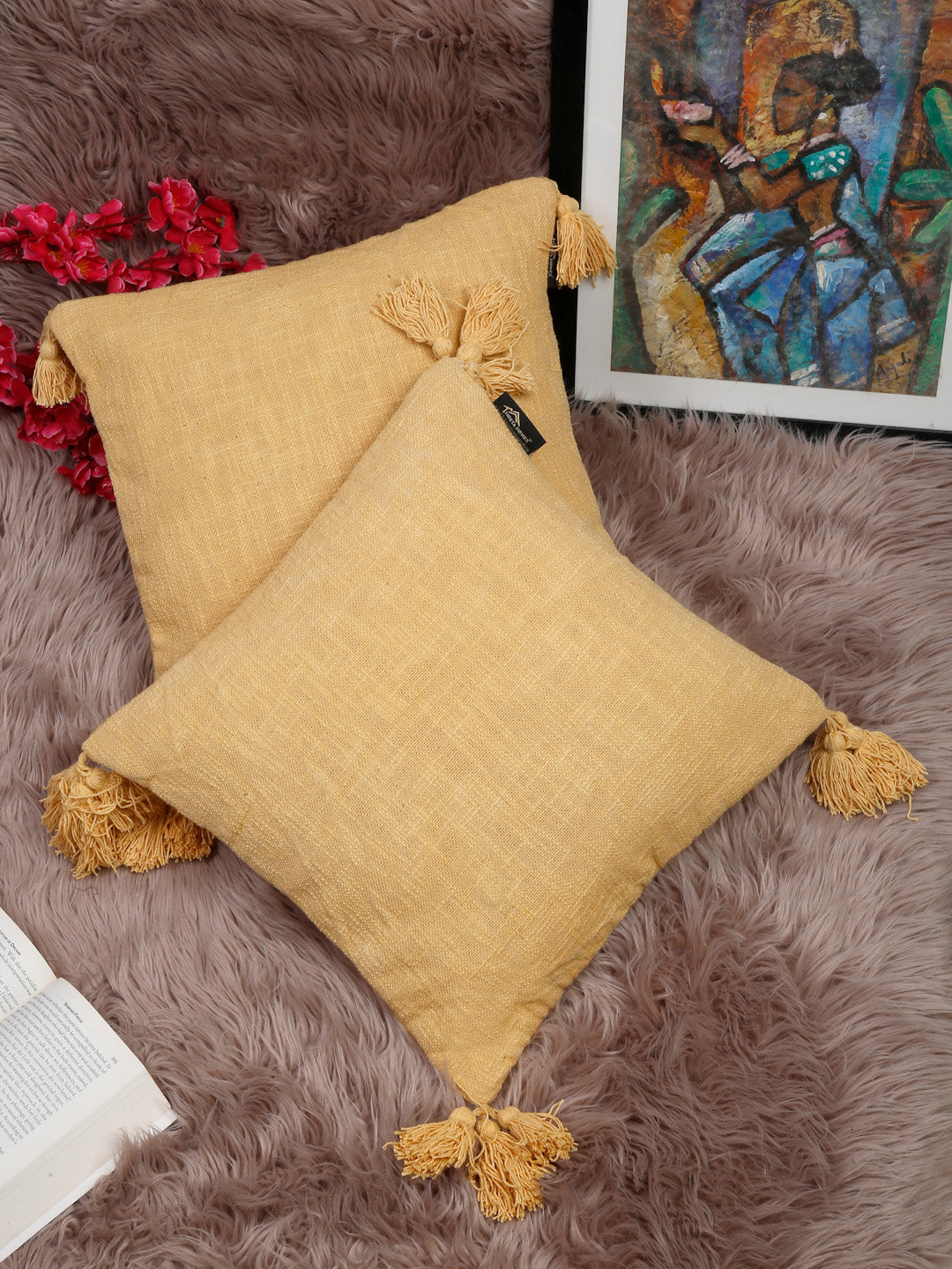 Set Of 2 Geometric Embroidered Pure Cotton Square Cushion Covers(16 X 16 Inches)