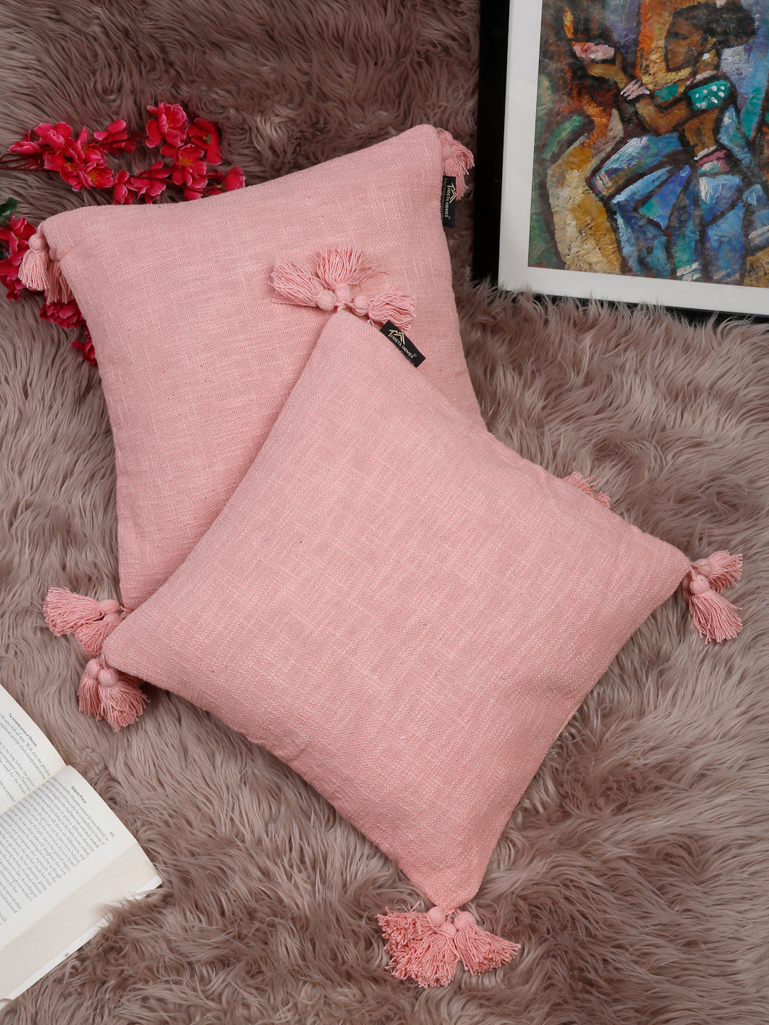 Set Of 2 Geometric Embroidered Pure Cotton Square Cushion Covers(16 X 16 Inches)