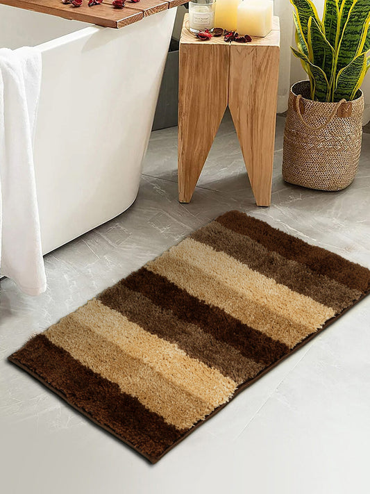 Brown & Beige Printed Cotton Fur Anti Skid Bath Rugs