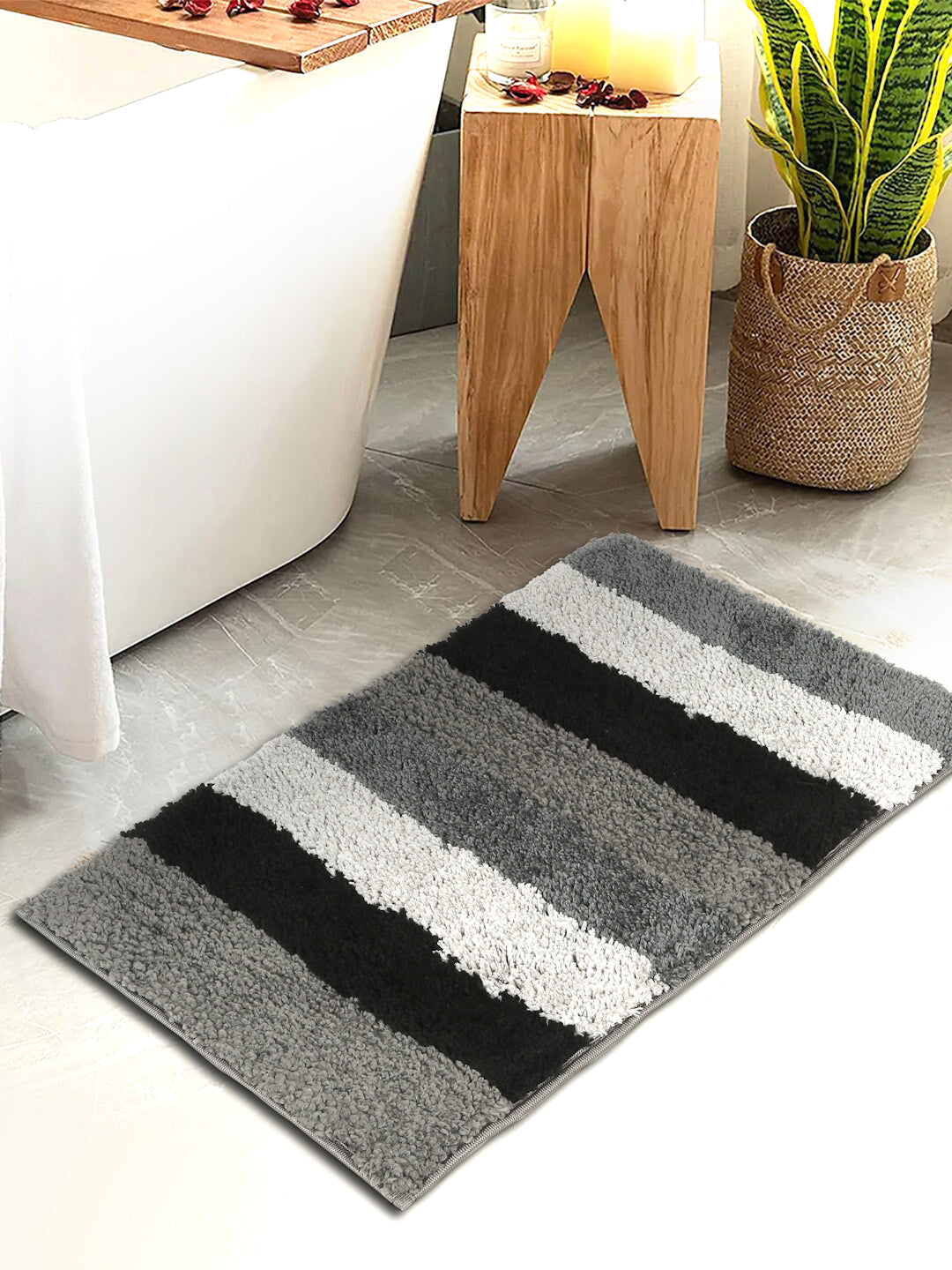 Brown & Beige Printed Cotton Fur Anti Skid Bath Rugs