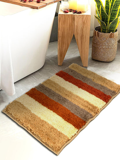 Brown & Beige Printed Cotton Fur Anti Skid Bath Rugs