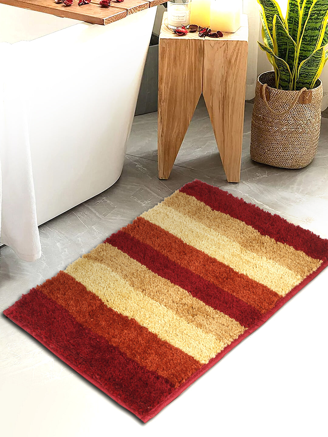 Brown & Beige Printed Cotton Fur Anti Skid Bath Rugs