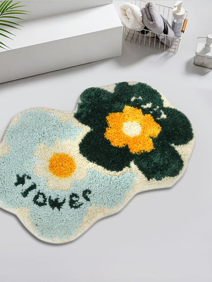 Grey & Black Printed Cotton Fur Anti Skid Bath Rugs