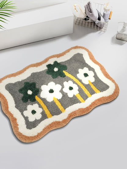 Grey & Black Printed Cotton Fur Anti Skid Bath Rugs