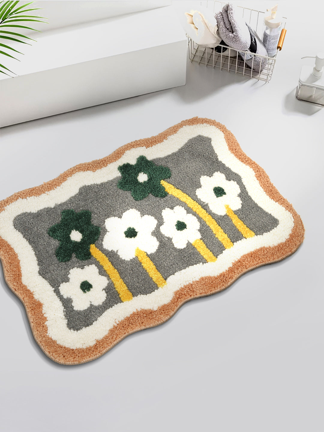 Grey & Black Printed Cotton Fur Anti Skid Bath Rugs