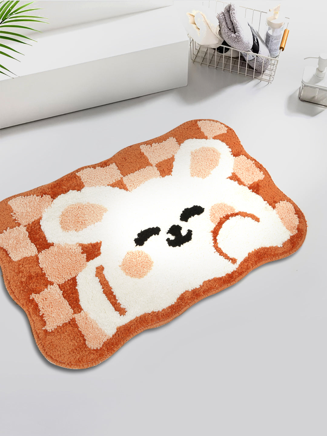 Grey & Black Printed Cotton Fur Anti Skid Bath Rugs
