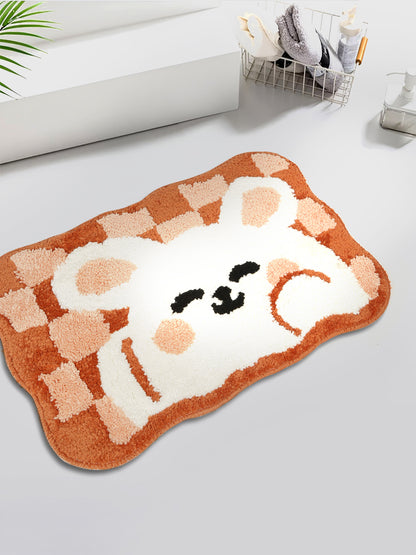 Grey & Black Printed Cotton Fur Anti Skid Bath Rugs