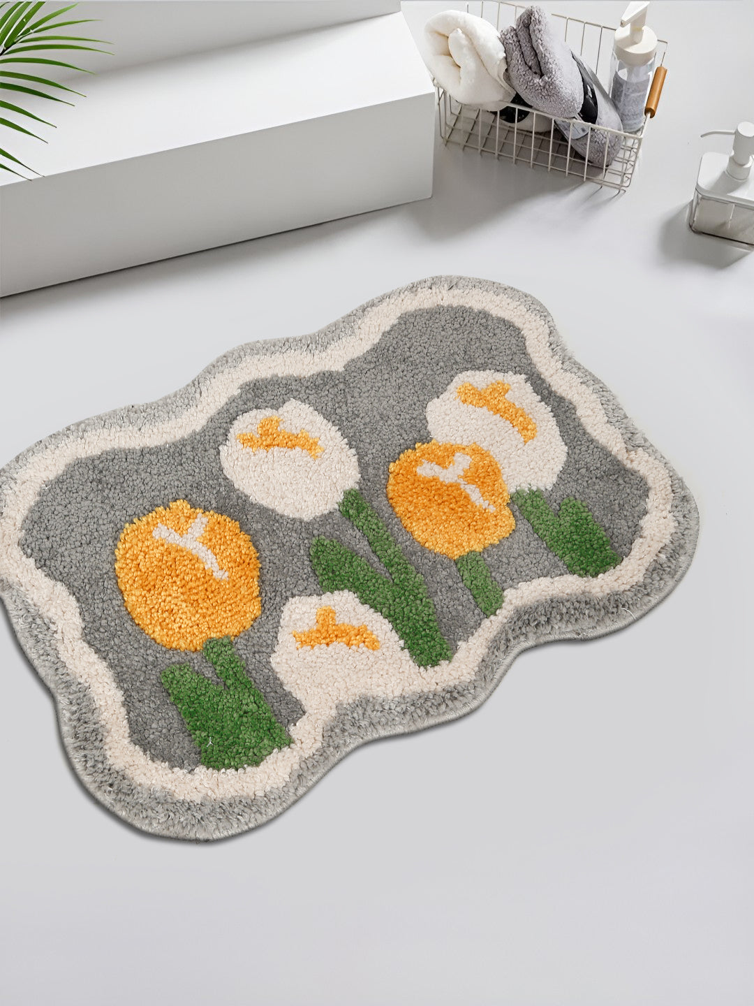 Grey & Black Printed Cotton Fur Anti Skid Bath Rugs