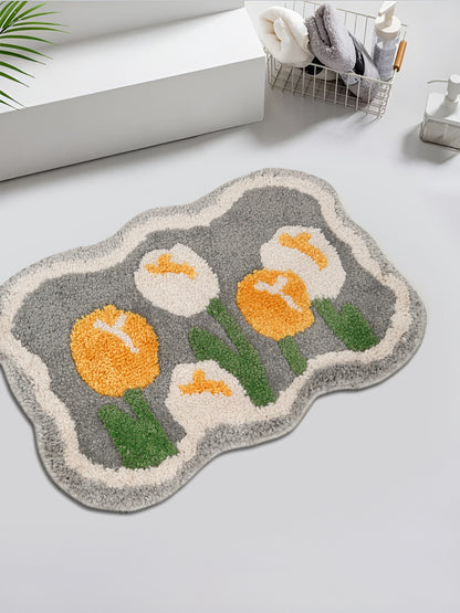 Grey & Black Printed Cotton Fur Anti Skid Bath Rugs