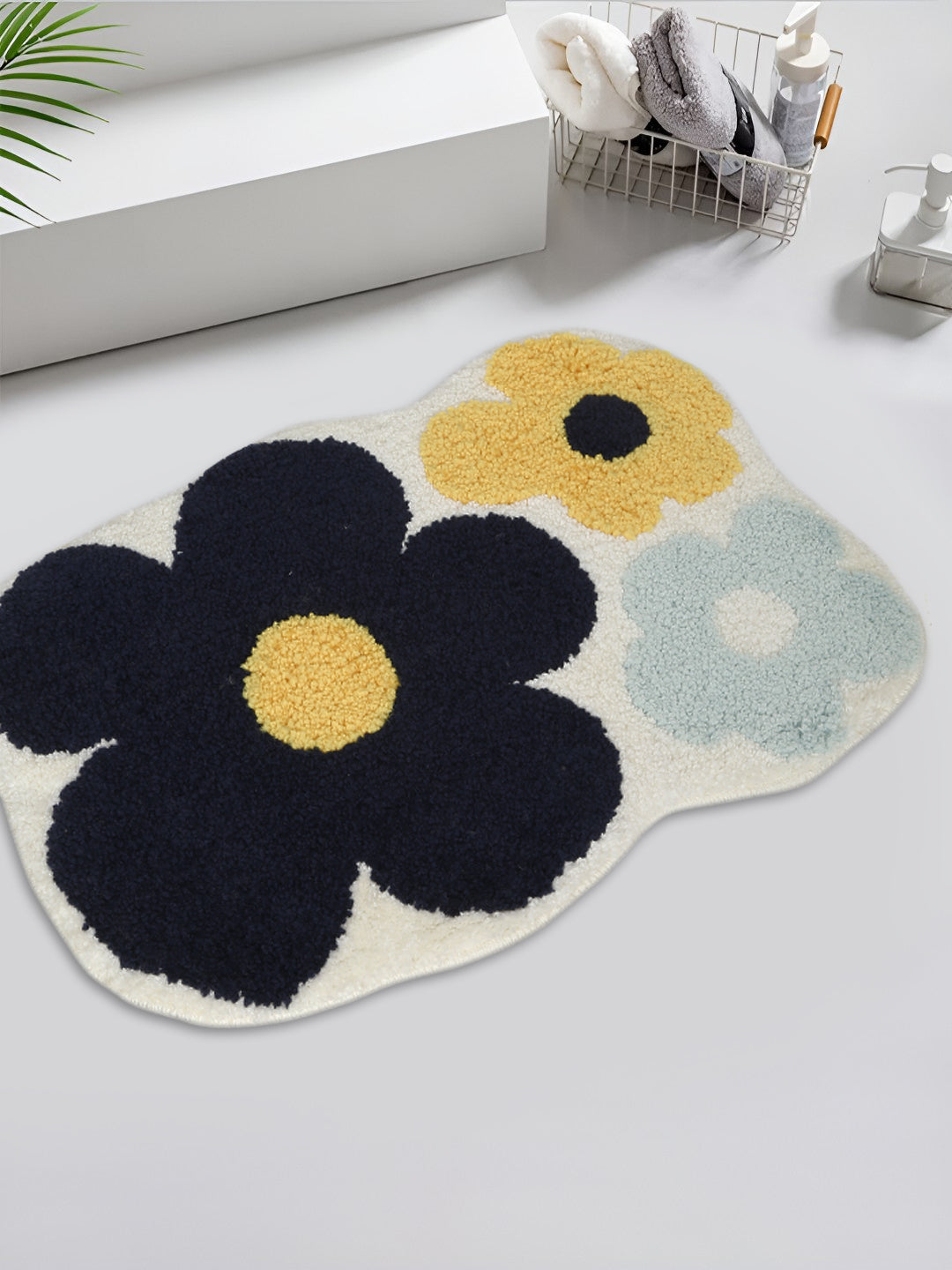Grey & Black Printed Cotton Fur Anti Skid Bath Rugs
