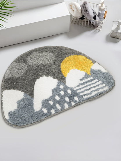 Grey & Black Printed Cotton Fur Anti Skid Bath Rugs
