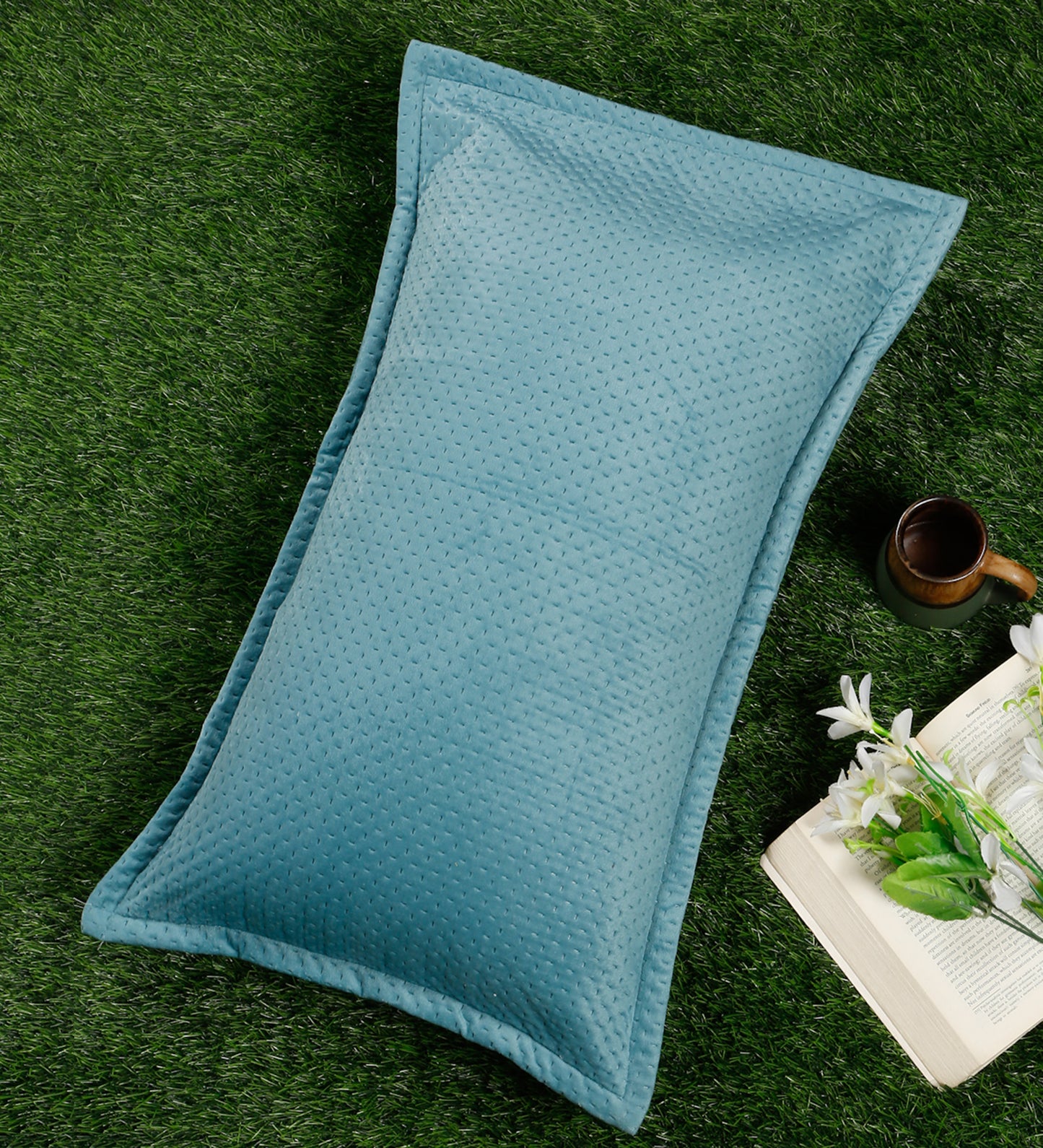 Turquoise Blue Self Design Rectangle Shaped Pillow Cover