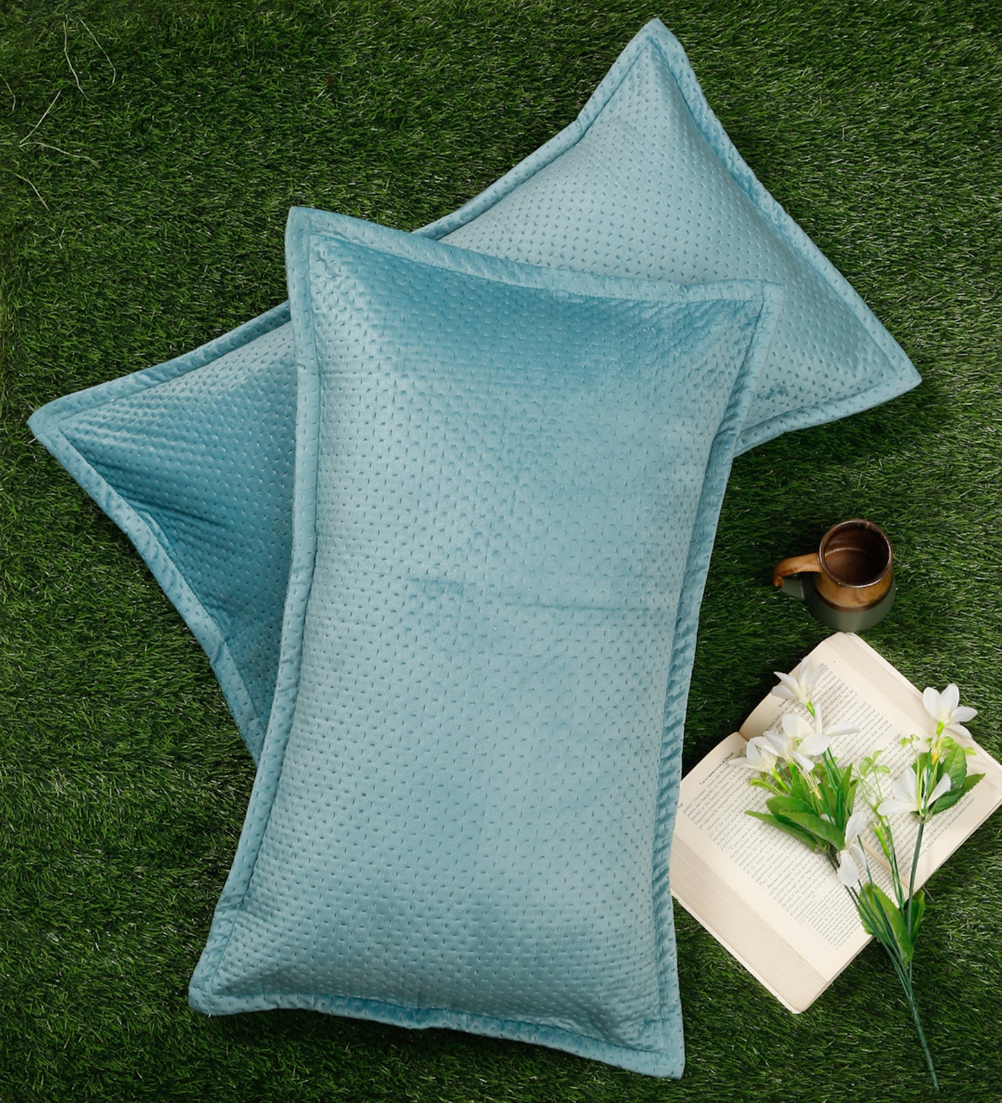 Turquoise Blue Self Design Rectangle Shaped Pillow Cover