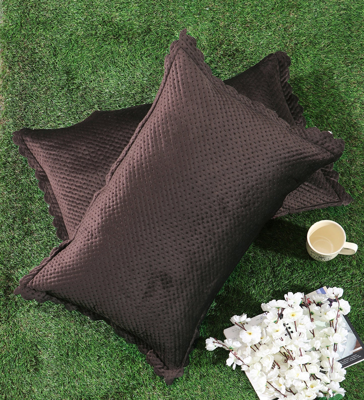 Brown & White Self Design Velvet Rectangle Pillow Cover