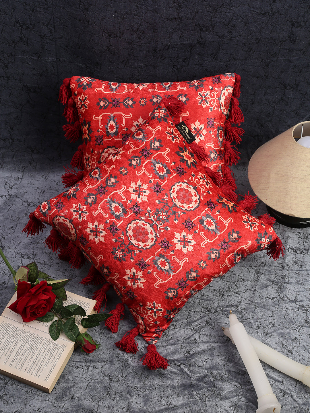 Multicolor Geometric Velvet Square Cushion Covers with Tassels