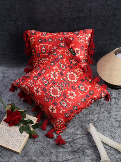 Multicolor Geometric Velvet Square Cushion Covers with Tassels