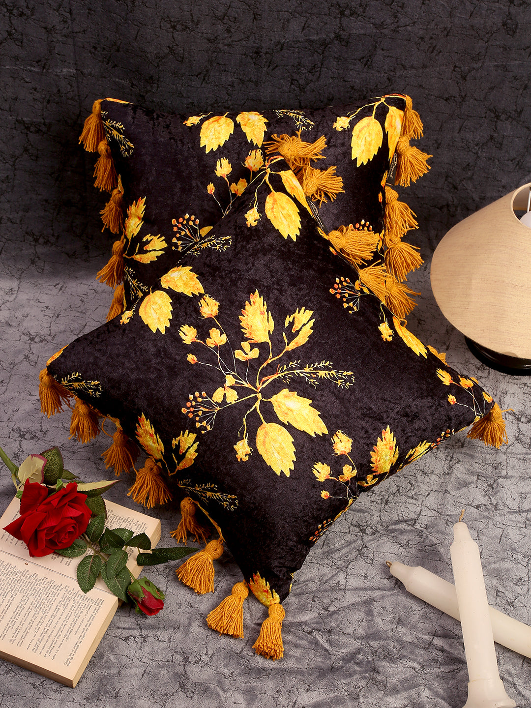 Multicolor Geometric Velvet Square Cushion Covers with Tassels