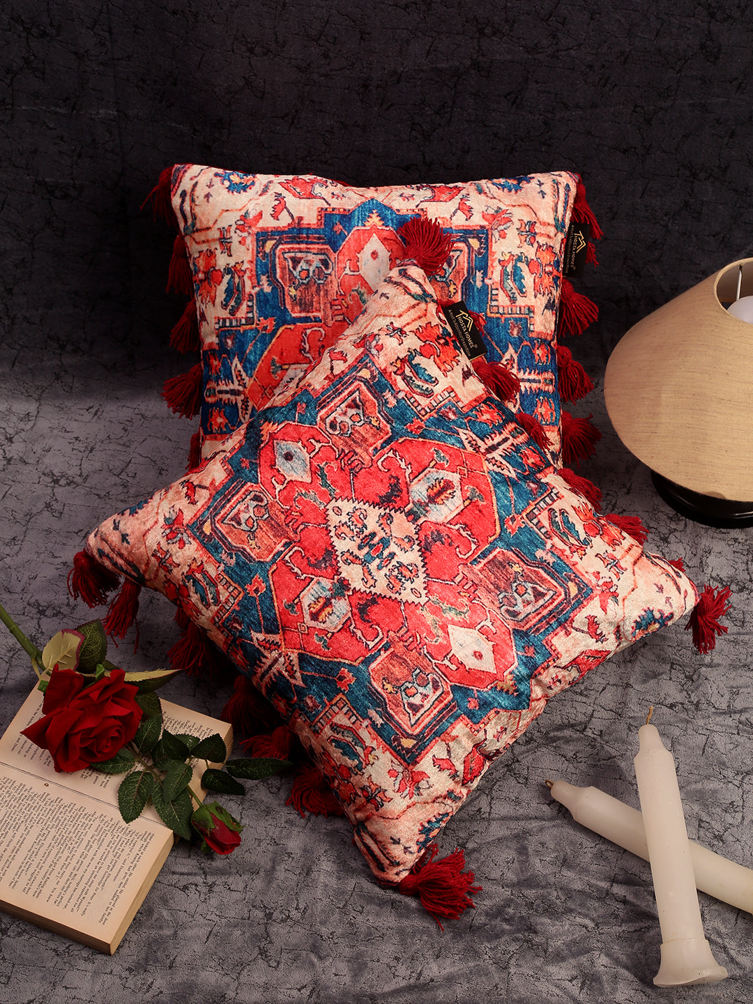 Multicolor Geometric Velvet Square Cushion Covers with Tassels