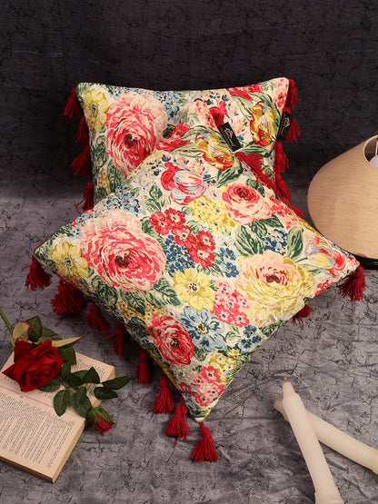 Multicolor Geometric Velvet Square Cushion Covers with Tassels