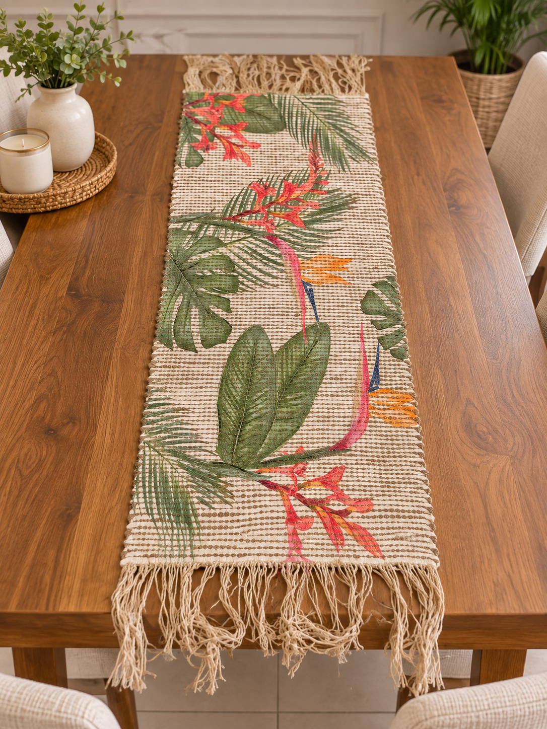Chenille Natural Jute Digital Printed Hand-Knotted Washable Foldable Dining Table Runner – 40 x 15 Inch