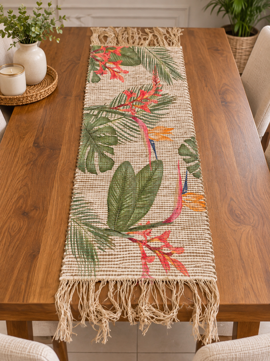 Chenille Natural Jute Digital Printed Hand-Knotted Washable Foldable Dining Table Runner – 40 x 15 Inch