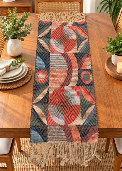 Chenille Natural Jute Digital Printed Hand-Knotted Washable Foldable Dining Table Runner – 40 x 15 Inch