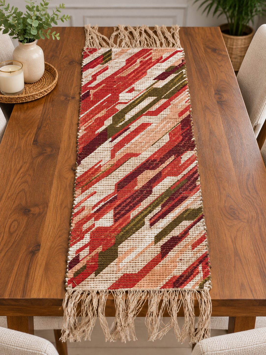 Chenille Natural Jute Digital Printed Hand-Knotted Washable Foldable Dining Table Runner – 40 x 15 Inch