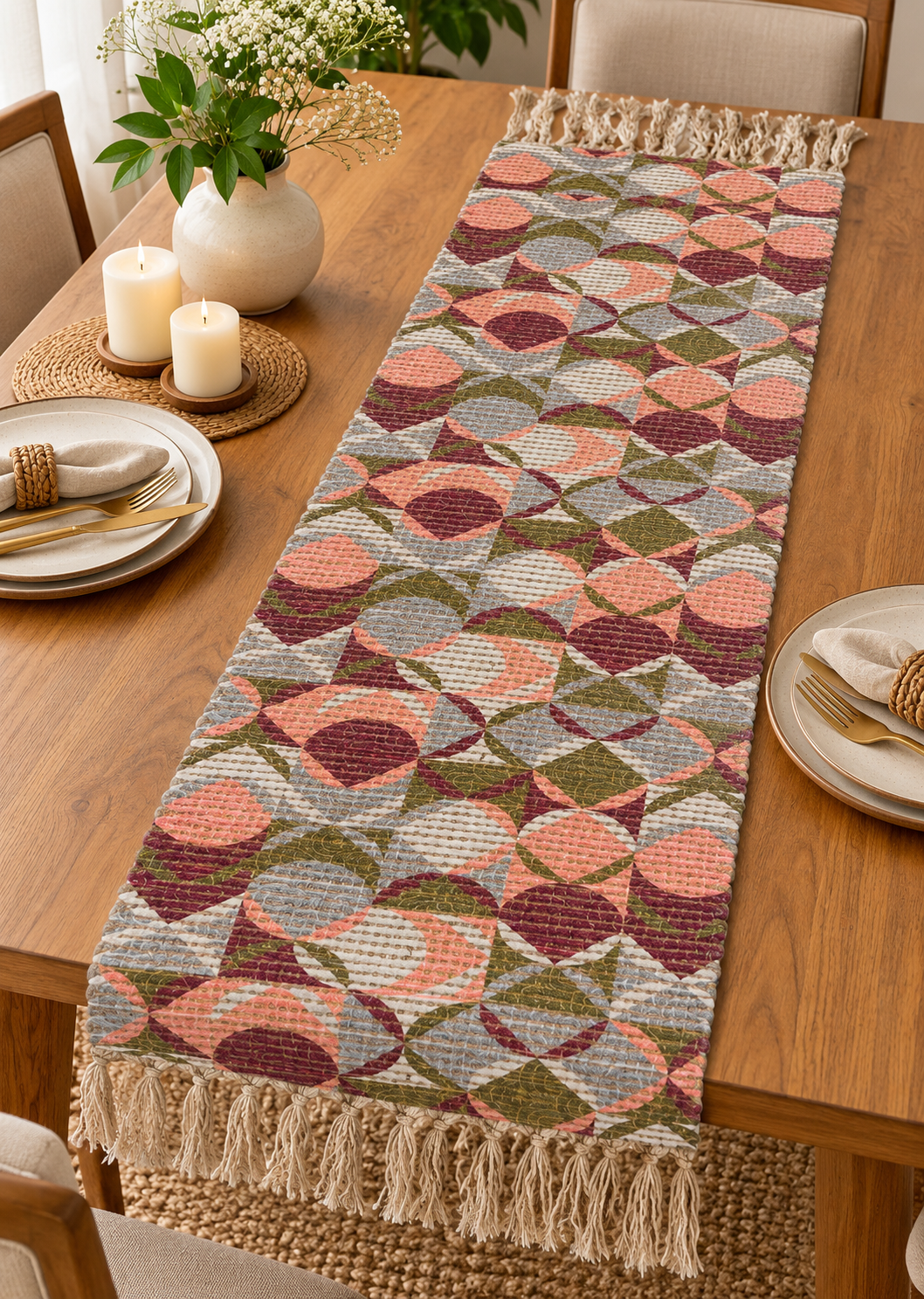 Chenille Natural Jute Digital Printed Hand-Knotted Washable Foldable Dining Table Runner – 40 x 15 Inch