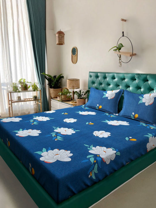 Blue Floral Cotton 300 TC Fitted Queen Fine Bedsheet with 2 Pillow Covers-72 x 78 inches